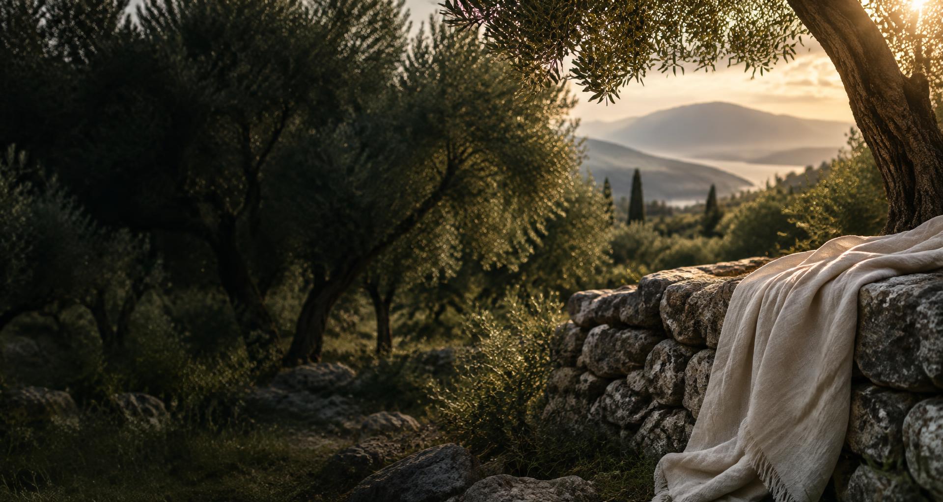A linen mantle resting beneath an olive tree in golden morning light